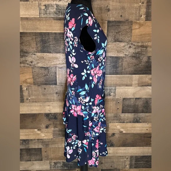 Robbie Bee Women's Navy Blue Pink Floral V Neck Dress Ruffled Size L AB 531 - Picture 4 of 7